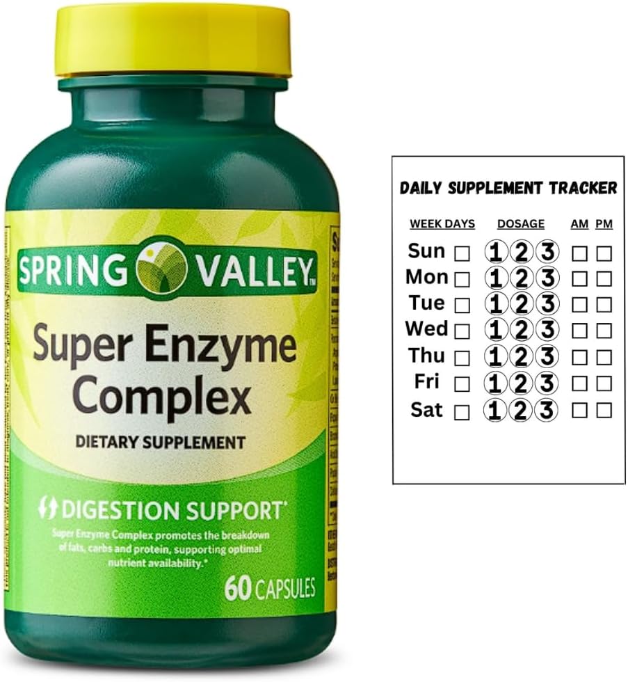 Spring Valley Super Enzyme Complex Diētiskā Papildinājums Gremošanas Atbalstam, 60 Kapsulas + Dienas Papildinājums Tracker Uzlīme