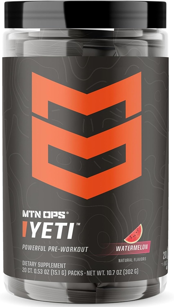 MTN OPS Yeti Trail Iepakojumi Pirms darba pulvera enerģijas dzēriens ar kreatīnu, 200 mg kofeīns un BCAAs ar Beta Alanine, 20-vienpakalpojumi, arbūzs