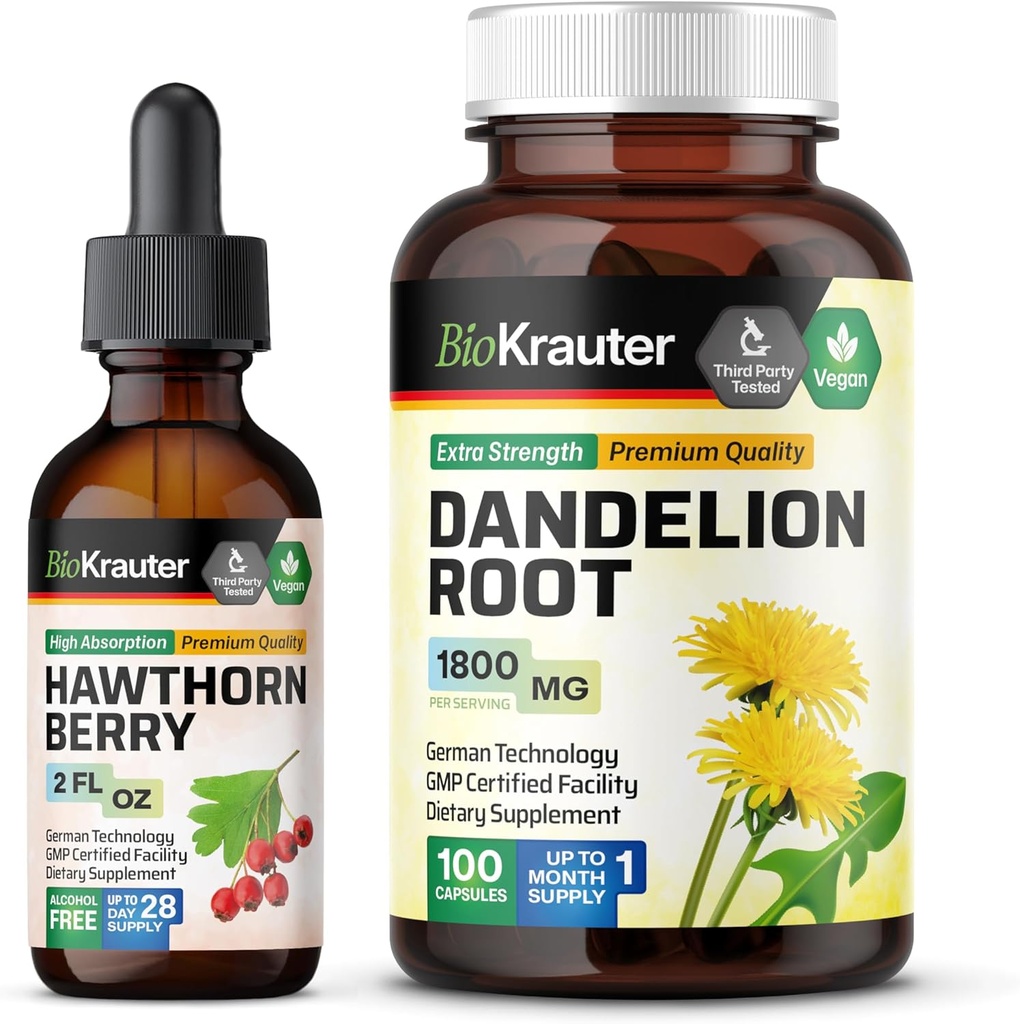BIO KRAUTER Hawthorn Tincture 2 Fl. Oz. & Dandelion 100 kapsulas