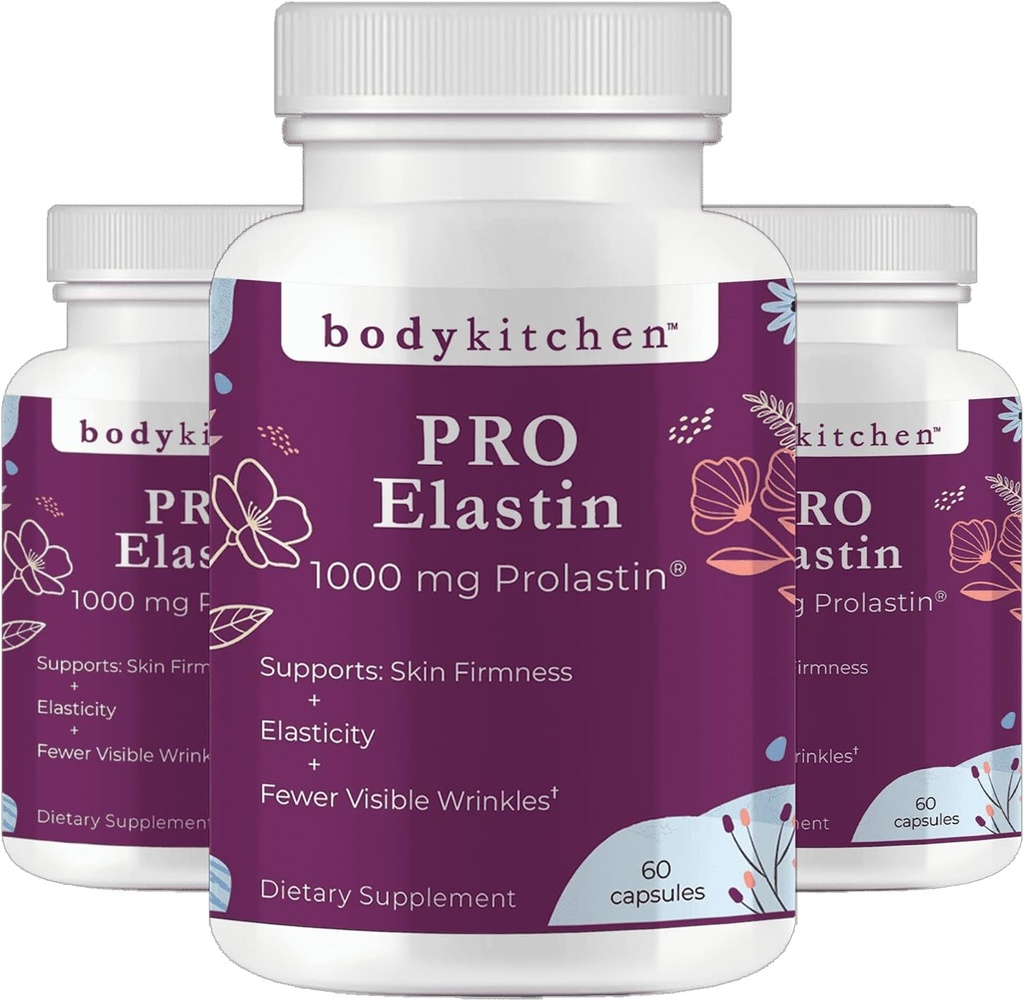 Ķermeņa virtuve Pro-Elastin 1000 mg Elastin papildinājums, samazināt pazīmes novecošanās, uzlabota ādas veselība, stingrība un elasticitāte, mazāk grumbiņas, veggie vāciņi (3. iepakojums)