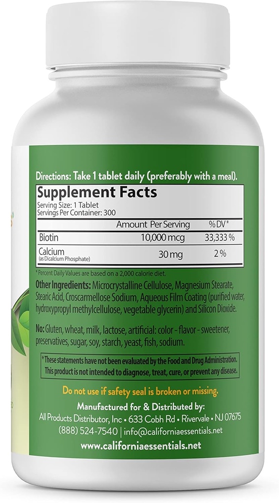 California Essentials Biotin 10000mcg - vitamīns B7 veicina veselīgu ādu, matu un nagu augšanu - augsts potences Diētiskā papildinājums vīriešiem un sievietēm -- Non-GMO, Vegan, lipekļa un piena bez (300 tabletes)