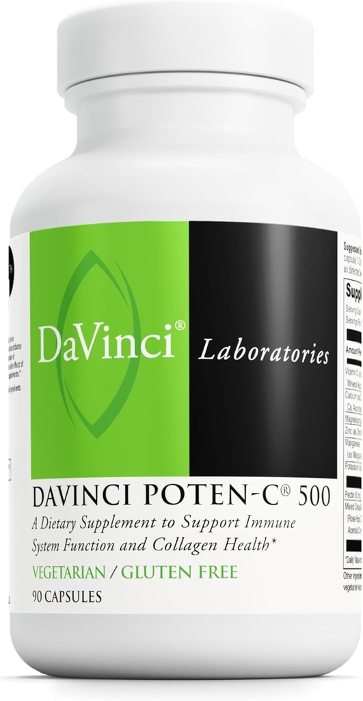 DAVINCI Labs Poten-C 500 - Uztura papildinājums, lai atbalstītu imūnās sistēmas funkcijas un kolagēna veselību* - ar C vitamīnu, kalciju, magniju, kāliju un citiem - Veģetārs - bez lipekļa - 90 tabletes