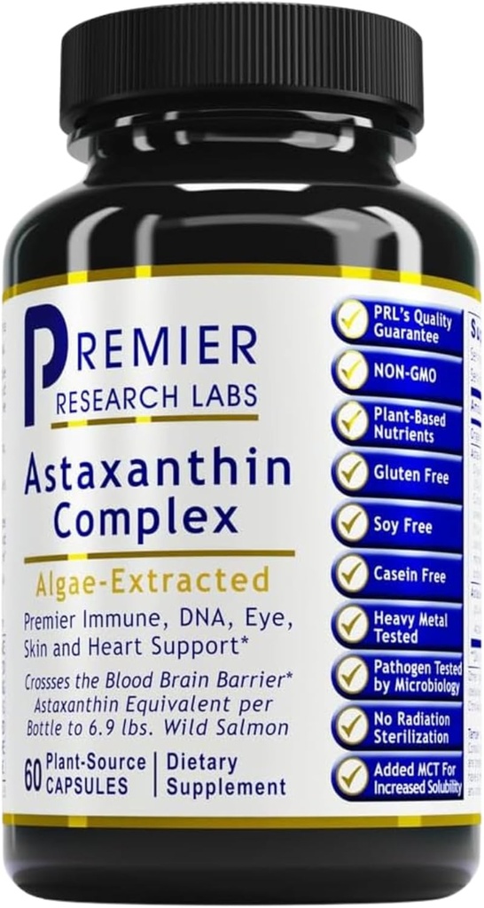 Premier Research Labs Premier Astaksantīna komplekss - Astaksantīna piedevas, Astaksantīns 4mg uz kapsulu, Izdots no Aļģu, Antioksidantu atbalsts sievietēm un vīriešiem - 60 Veģetāru kapsulas