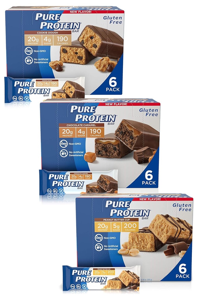 Pure Protein Bars, High Protein, Nutritional Uzkodas, lai atbalstītu enerģiju, zemu cukura, bez lipekļa, bez vainas šķirnes iepakojums (cookie Dugh/hoc Caramel/Peanut Butter Cup), 1,76 oz, iepakojumā 18