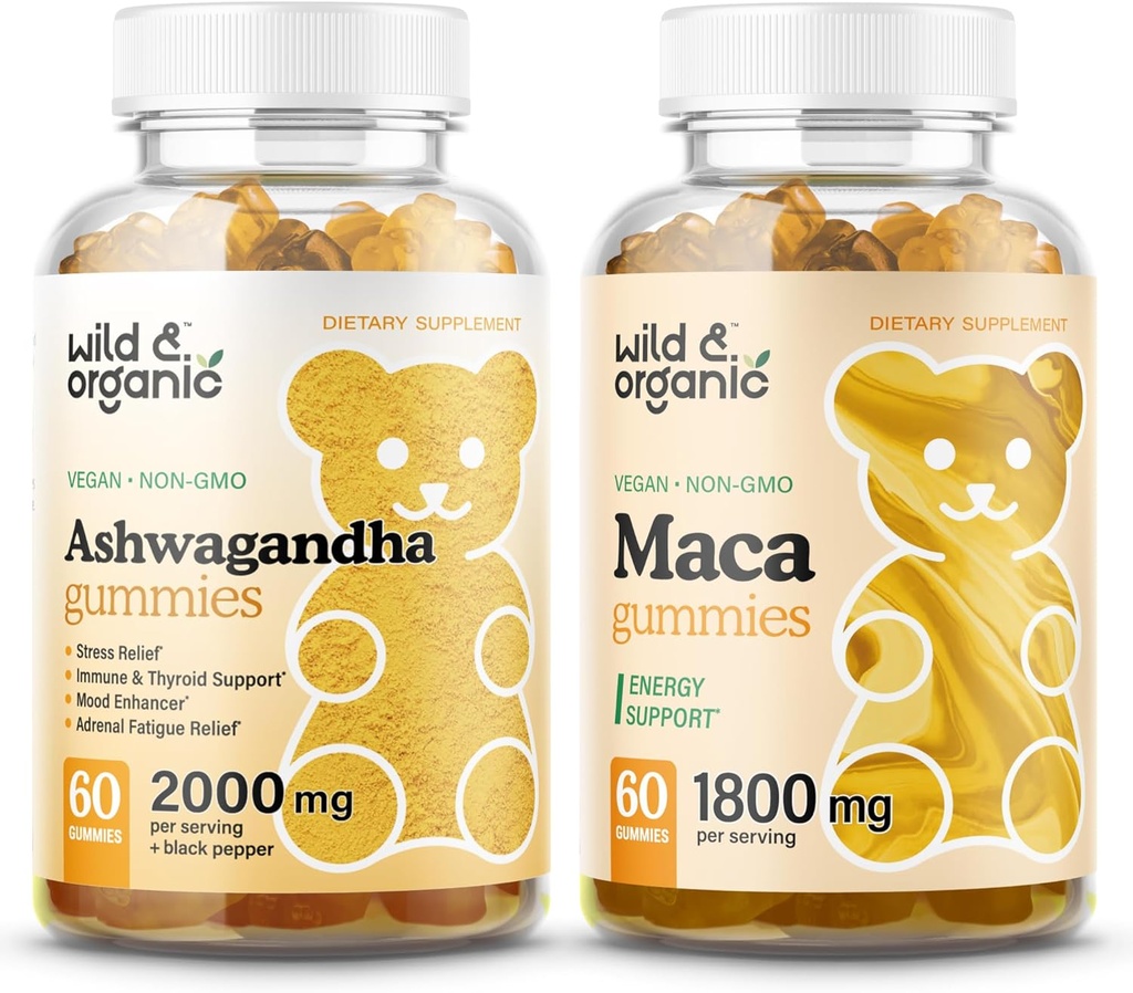 Savvaļas un bioloģiskie ašvagandas gumijas un Maca saknes gumijas 60 grāfs