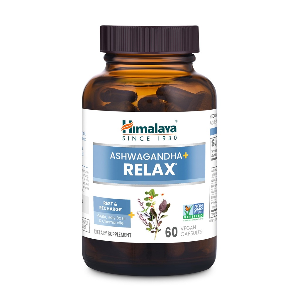 Himalaja Ashwagandha+ Relax, ar GABA, Svētais Baziliks & Kumelīte Reset, Relaxation & Stress Relief, Vegan, Gluten Free, 540 mg, 60 Veģetāriešu kapsulas, 1 mēnesis Apgāds