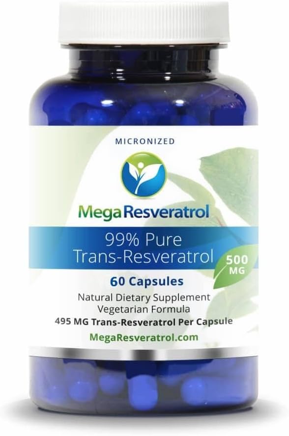 Mega Resveratrol, Farmaceitiskā pakāpe,99% Tīrs, Izolāts, Mikronizēts Trans-Resveratrols, 60 Veggie Caps, 500 mg kapsulā. Tīrība sertificēta. Absolūti NO toksiskas “neaktīvas” sastāvdaļas Pievienots.