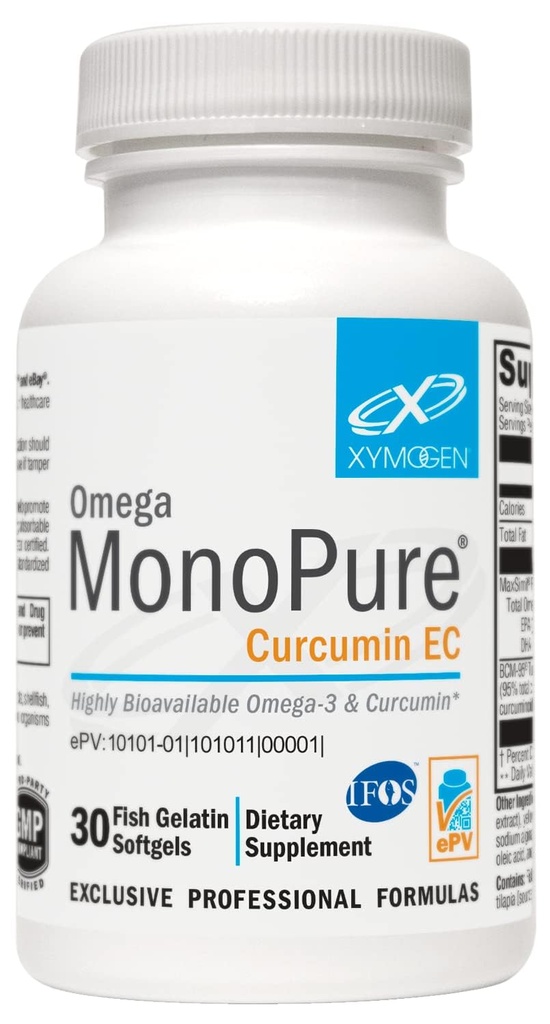 XYMOGEN Omega MonoPure Kurkumīna EC - Zivju eļļa ar uzlabotu DHA EPA absorbciju + kurkuma ekstrakts - omega 3 papildinājums citokīnu līdzsvara atbalstam (30 softgeli)