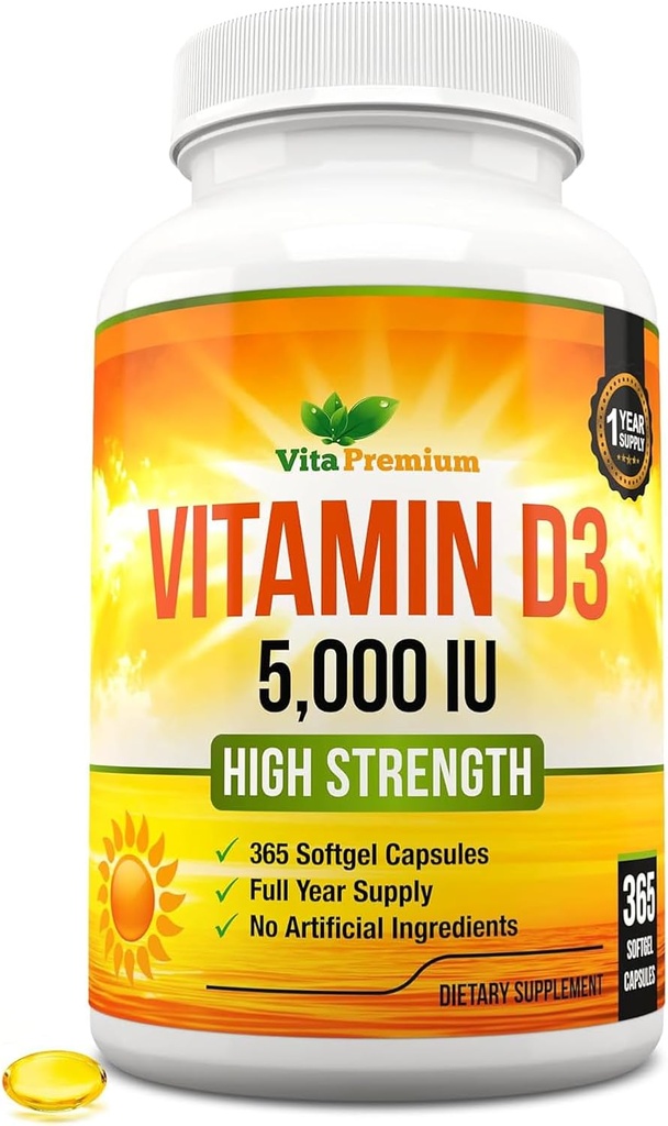 D3 vitamīns 5000 SV, 365 Easy-Swallow Softgels, Augsta stipruma D vitamīna 5000 SV papildinājums - Pilna gada piedāvājums