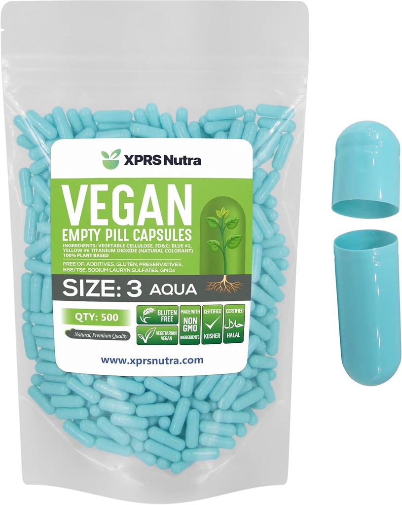 XPRS Nutra Izmērs 3 Tukšas kapsulas - 500 Skaitīt Tukšas Vegan Pill - Veģetārietis Pill - DIY Dārzeņu Kapsulas Pildīt - Veggie Pill Caps (Aqua)