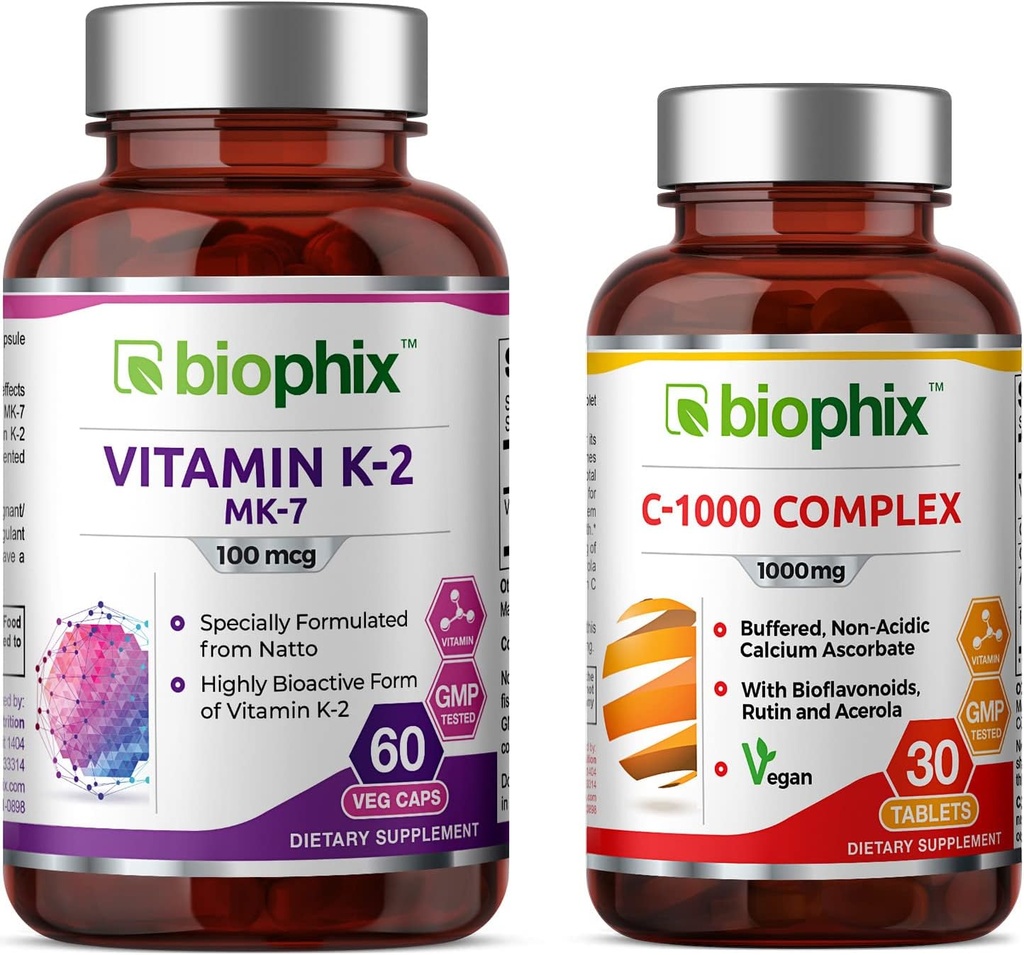 biophix K2 vitamīns MK-7-100 μg 60 - bez vitamīna C-1000 30 tabletes - atbalsta spēcīgus kaulus Imūnveselība