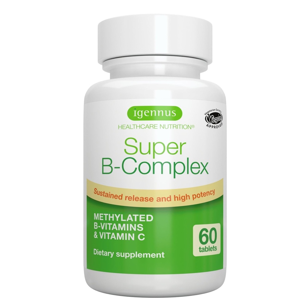 Igennus Super B-komplekss Metilēti B vitamīni - ilgstoša izdalīšanās, tīra etiķete un augsta absorbcija, ar 5-MTHF Folātu un metil-B12, enerģija, mood un kognitīvās spējas, Lab Verified, 60 mazas tabletes