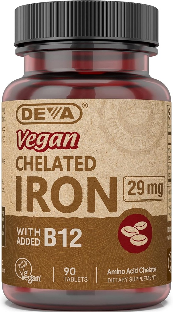 DEVA Vegan Chelated Iron ar pievienotu vitamīnu B-12, uztura bagātinātājs, 29 mg, 90 Skaits