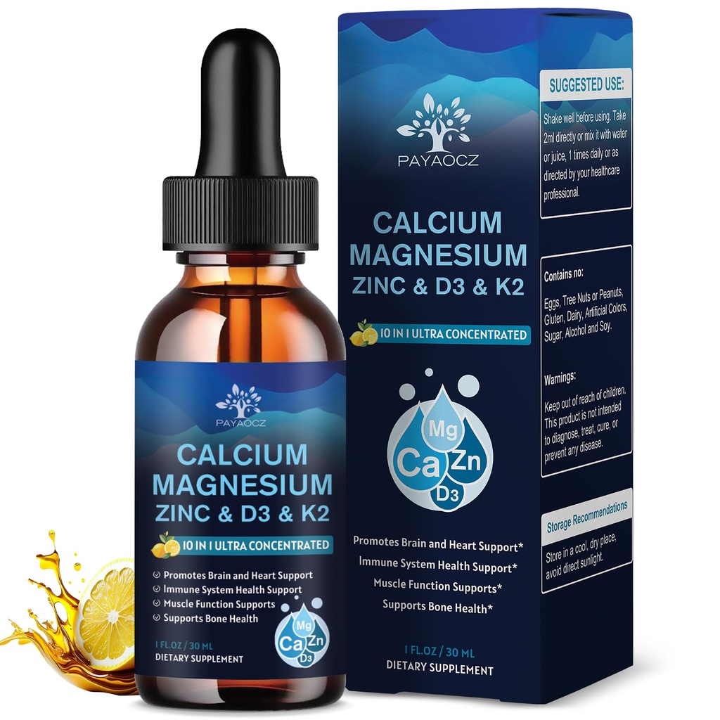 2 Iepakojums) 10 1 Magnija kalcija cinka papildinājums ar vitamīnu C D3 K2, Glicerīns Mag Vegan Liquid Drops Plus L- Theanine Boron Sea Moss Extract, Imūnsupport, Kauls, Miega un kāju krampji, 1 Fl Oz