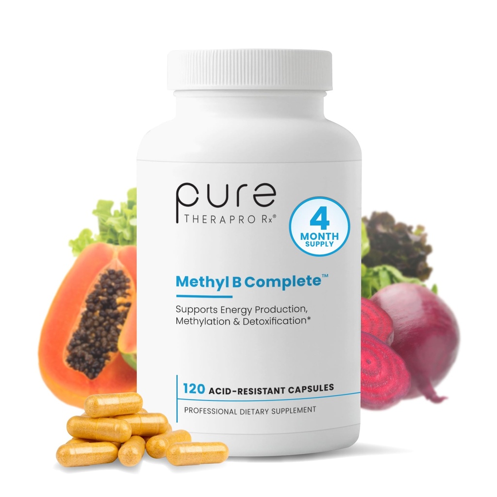 Pure Therapro Rx Metilēti B kompleksie vitamīni Ražoti ASV, 4 mēnešu laikā, Metil- B Complete Quatrefolic 5-MTHF Folāts, B12 Metilkobalamīns, TMG Trimetilglicīns, Metilfolāts;