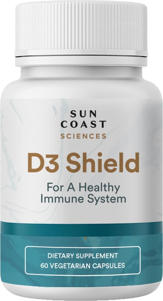 Sun Coast Science Science Sciences D3 Shield - D3 vitamīns 5000 Imūnsupportam un kaulu veselībai 60 Veģetārās kapsulas K2 ar 180 mg kalcija karbonāta Maksimālā absorbcija