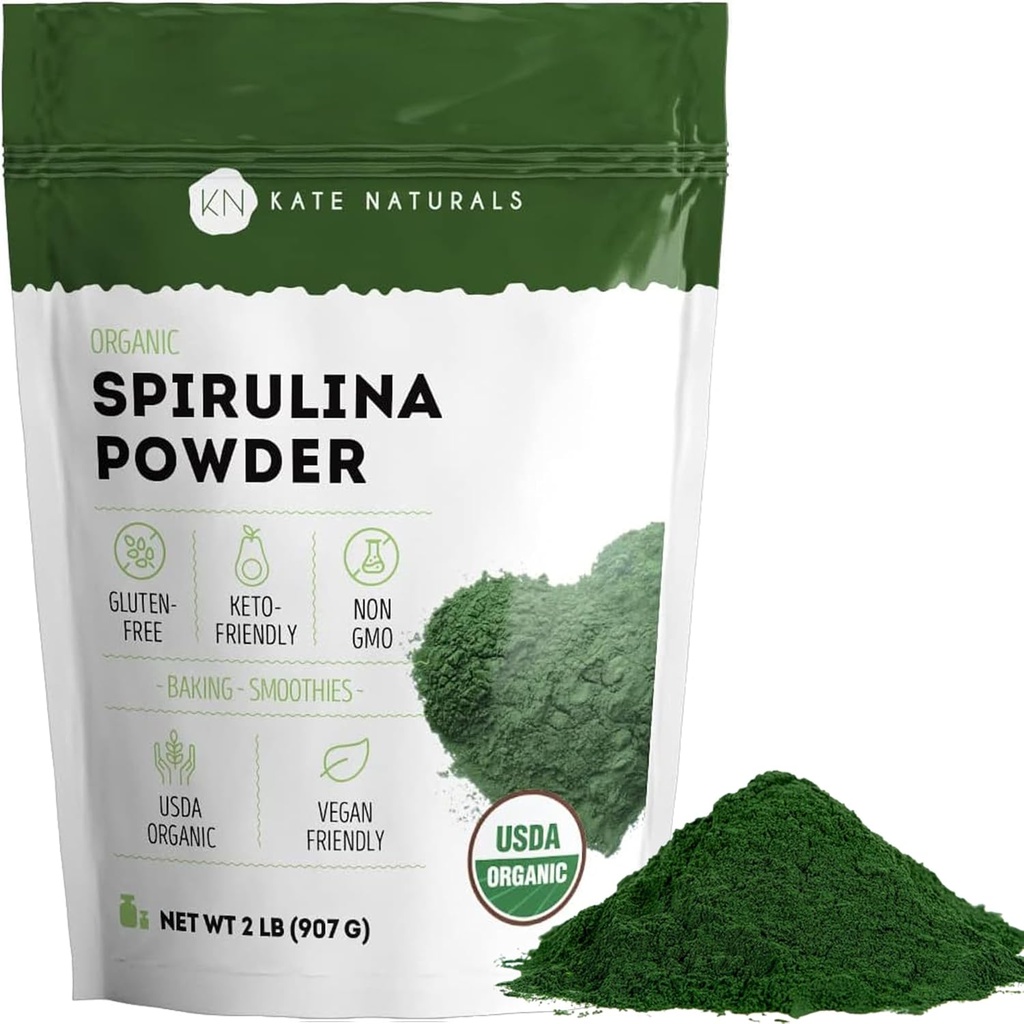 Kate Naturals Organic Spirulina pulveris. Barības elements Superfood for Smoothies and Juice (2 Lb, USDA Sertificēts, bez GMO, bez lipekļa)