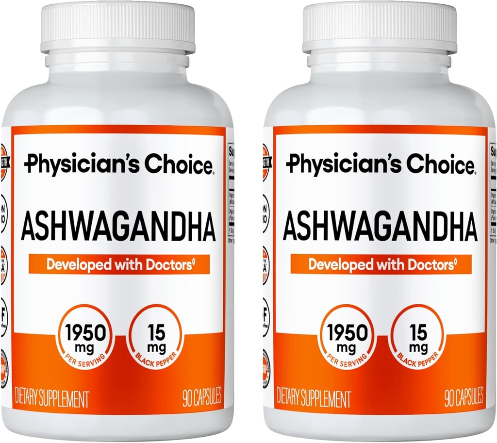 Ārsta CHOICE Ashwagandha 1950mg Organic Ashwagandha Saknes pulveris ar melno piparu ekstraktu, Stresa atbalsts, Mood atbalsta papildinājums, 90 Veggie Ashwagandha kapsulas - 2 PCK