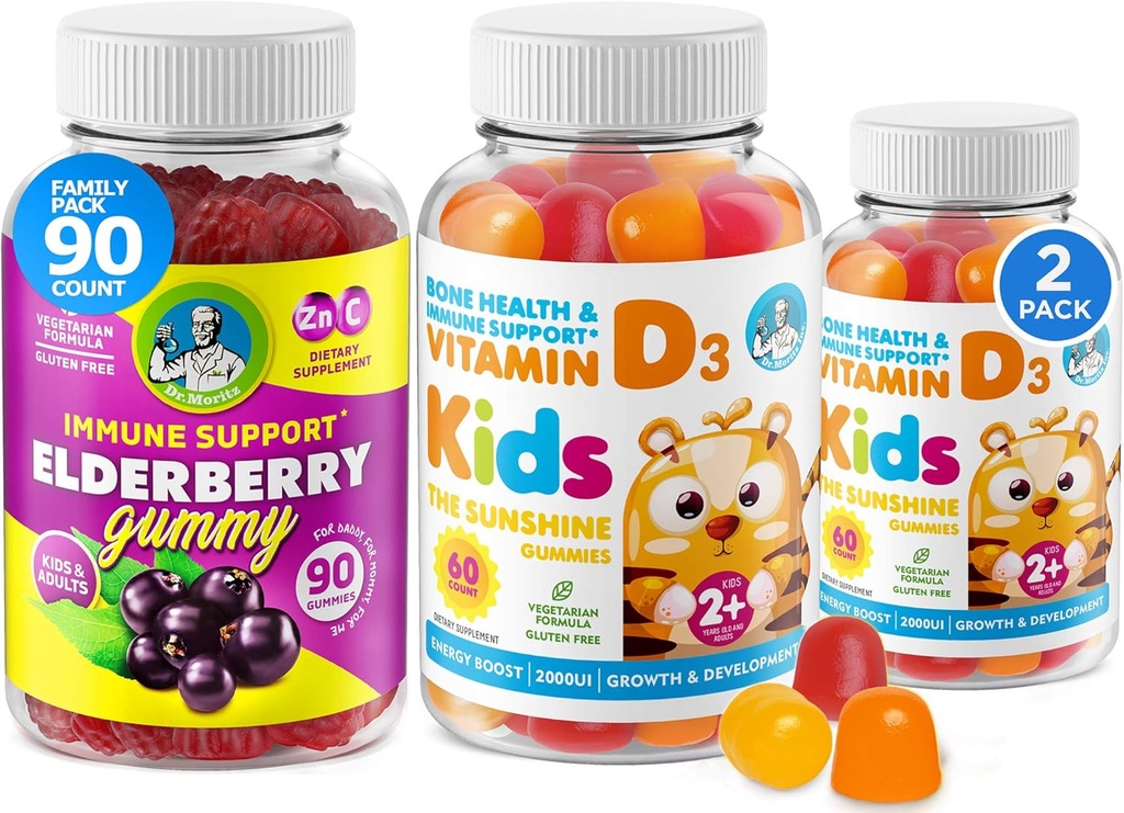 Vitamīns D Gumies un plūškoka Gummies - Imunity Mega Boost bērniem un pieaugušajiem - Veģetārs Želatīns-bez Imūnsupport Vitamīni bērniem