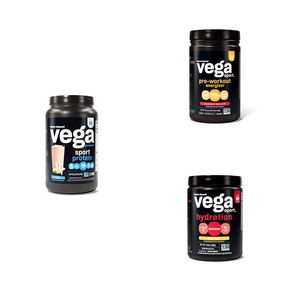 Vega Sport Route Bundle - Premium Vanilla Protein Pulveris (20 Kalpojumi) Zemeņu Lemonāde Priekšdarbu Energizer (25 Kalpojumi) un Lemonade Elektrolītu hidrācija (50 Kalpojumi)