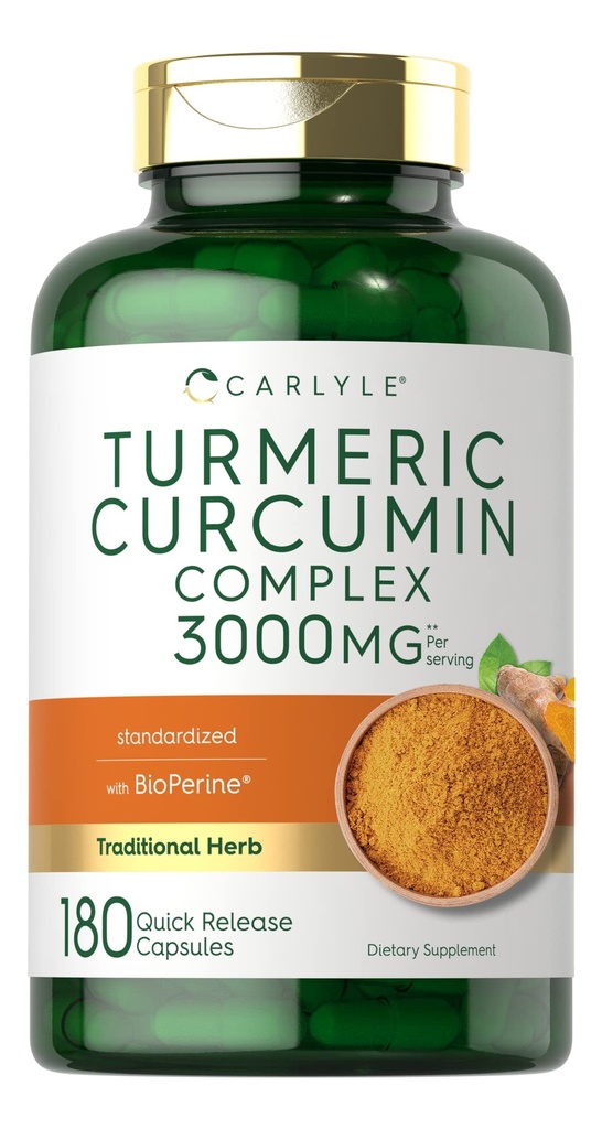 Carlyle Turmeric Kurkumīna Papildinājums - 3000mg 180 Kapsulas - ar melnajiem pipariem, kurkuminoīdiem un bioperīnu -- Ne-GMO, bez lipekļa