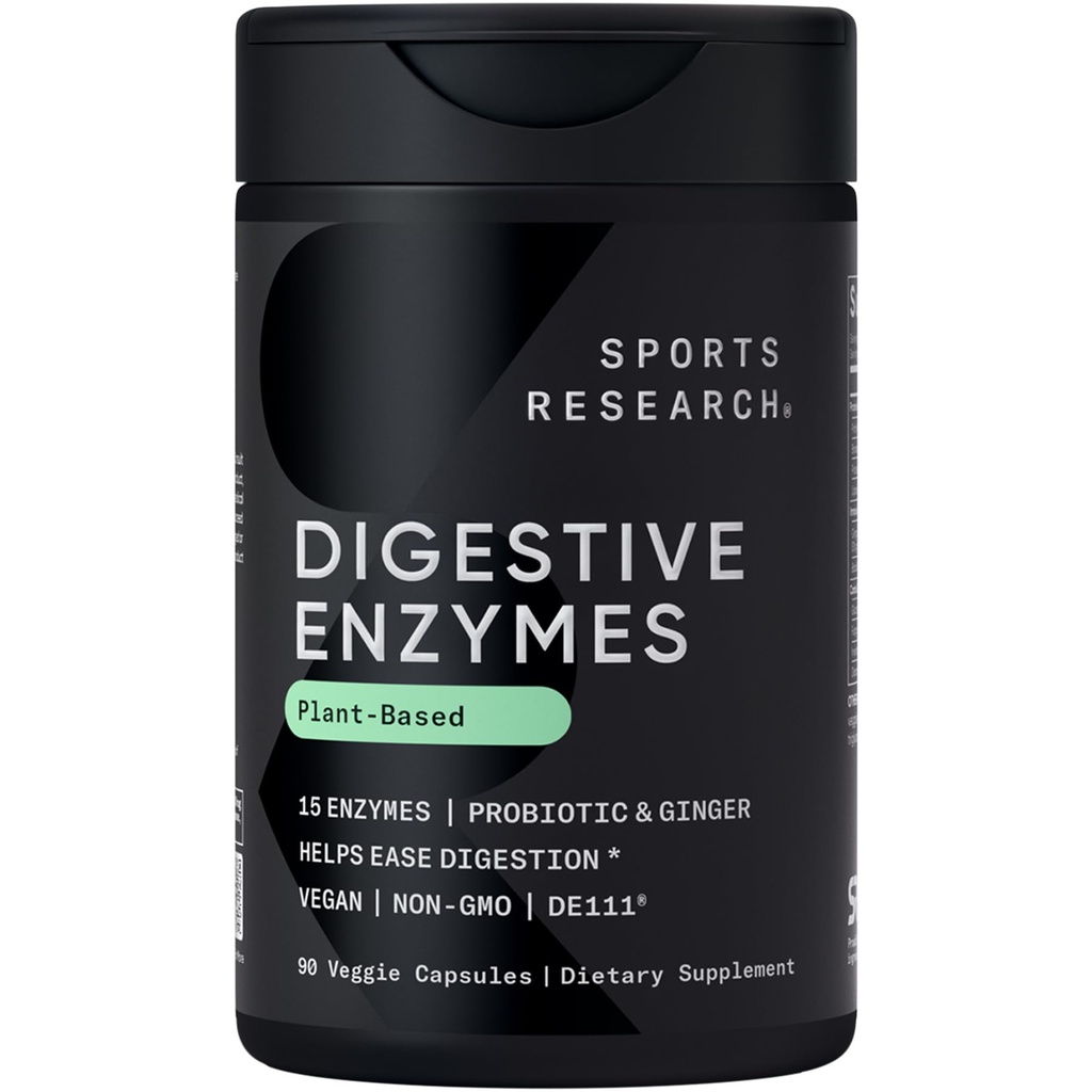 Sporta pētījumi Gremošanas enzīmi ar probiotikām un ingveru - Augu bāzes piena, olbaltumvielu, cukura un ogļhidrātiem - Ne-GMO Verified & Vegan Friendly (90 Veggie kapsulas)
