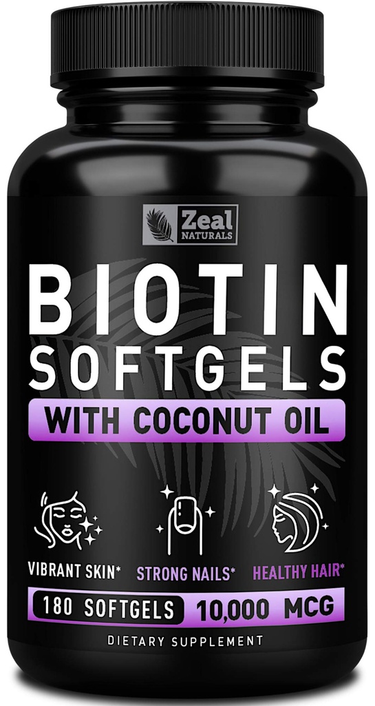 Zeal Biotin 10000mcg ar organisko kokosriekstu eļļa Softgels ”vitamīnu Biotin Papildinājums ” Matu āda un nagus Vitamīni sievietēm un vīriešiem ” 6 mo Supply - 180 Gel kapsulas
