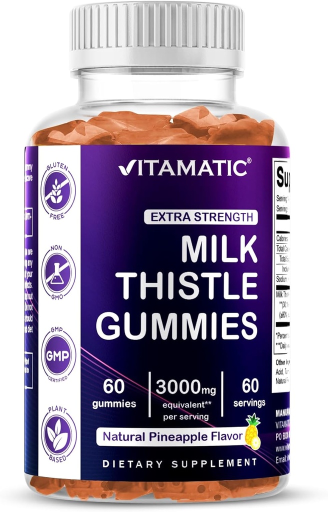 Vitamatic Milk Thattle Gummies- 10000 mg Ekvivalents Per Serving (no 50:1 ekstrakts 200 mg)- Aknas Detox & Anti Oxidant Health - Min. 80% Silymarin Flavonoids - 60 Pectin Based Gumies
