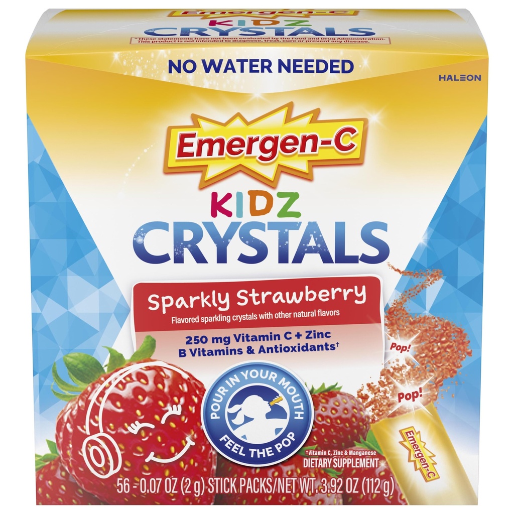 Emergen-C Kidz Crystals, On-the-Go Emergen-C Imūnās atbalsta papildinājums ar C vitamīnu, B vitamīnu, cinku un mangānu, dzirkstošo zemeni, stupferi - 56 Stick iepakojumi