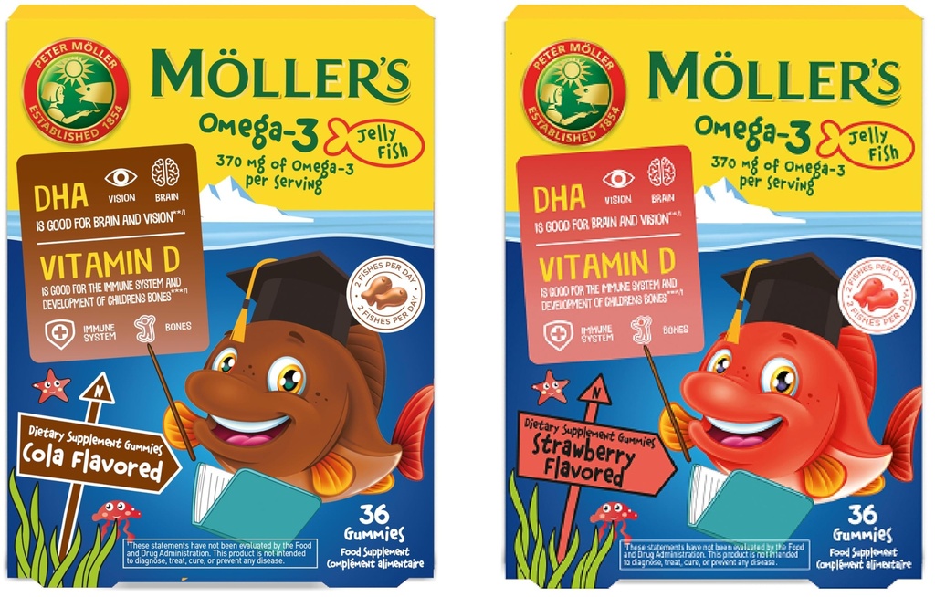 MÖLLER'S ” Omega 3 kapsulas bērniem ” Dabiskas Omega 3 zivis ar DHA un EPA ” , viegli košļājamas, bez lipekļa, laktozes un cukura ”paka ar 72 ”; Cola un zemeņu aromātu