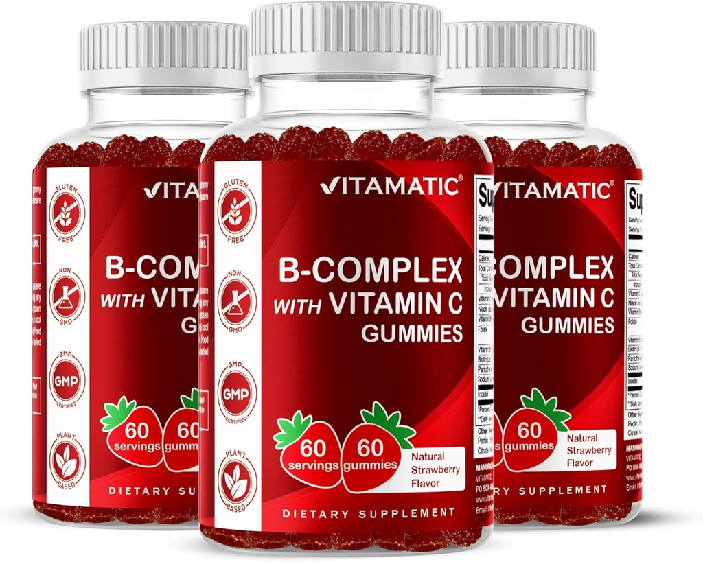 Vitamīnu B komplekss Gumijas ar C vitamīnu un inozitolu - Dabīgs zemeņu Flavor - 60 Gumijas (3 pudeles)