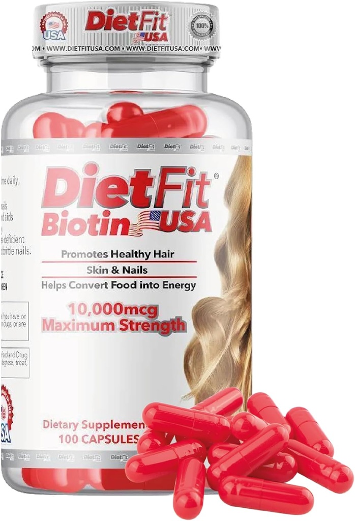 DIETFIT - Biotīna 100 kapsulas - Radiantu matu, ādas un nagu formula - Energizing Nutrient Blend - Advanced Beauty Support - Easy Daily Use - Fitnesa bagātinātāji - Fitnesa risinājums