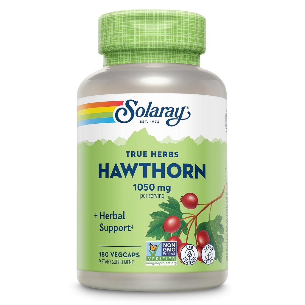 SOLARAY Hawthorn Berry Capsules 1050 mg - Nomierinošas augu valsts atbalsts - Hawthorne Berry Papildinājums vispārējam labsajūtas atbalstam - Viss berry, Vegan, ne-GMO, 60 dienu garantija, 90 Servējumi, 180 VegCaps