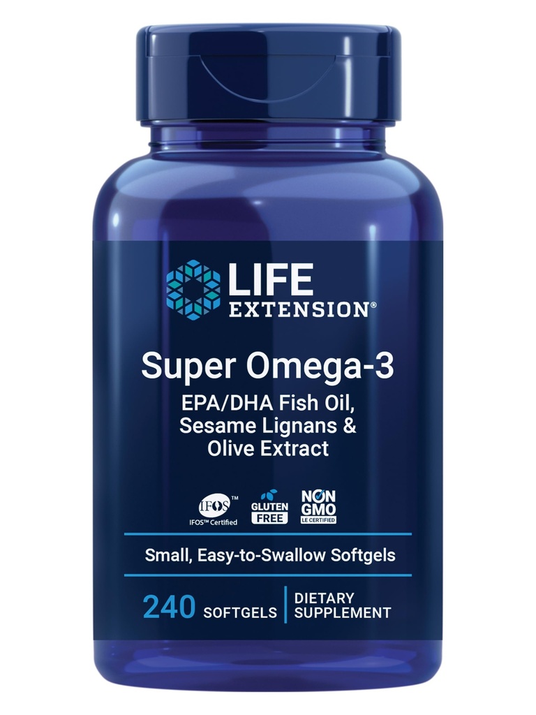 Life Extension Super Omega-3 EPA/DHA zivju eļļa, sezama lignans & Olive ekstrakts – sirds veselība, smadzeņu veselība, iekaisums Veselības atbalsts, bez lipekļa, viegli norīt, ne-GMO, 240 Softgels