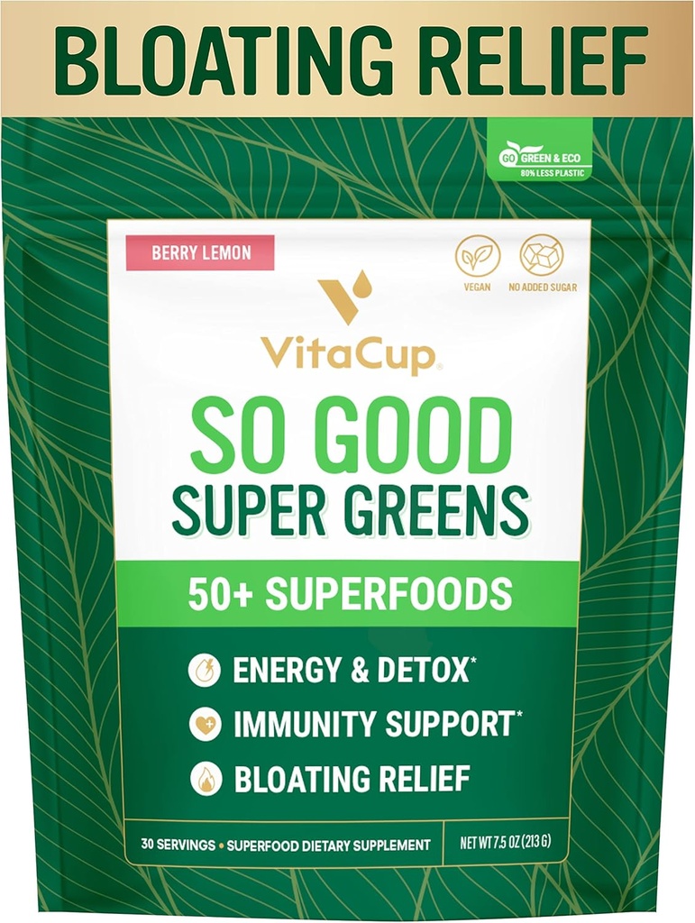 VitaCup So Good Super Greens Powder w/ 50+ Premium Superfoods, Boost Energy, Detox, Immunity w/Probiotics, Prebiotikas, Fiber, Antioksidanti, Adaptogens, Spirulina, Berry Lemon,30 Kalpo