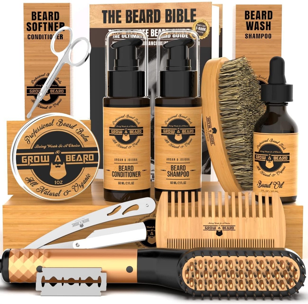 Beard taisnotājs Kopšanas komplekts vīriešiem, Beard Growing Komplekts, Mazgāšanas, Suka & Comb, Nesterils Augšanas Oil, All Natural Chanel Balm, Kondicionieris, Razor & Šķēres, Lieliska Dāvanu Ideja vīriešiem (Bamboo)