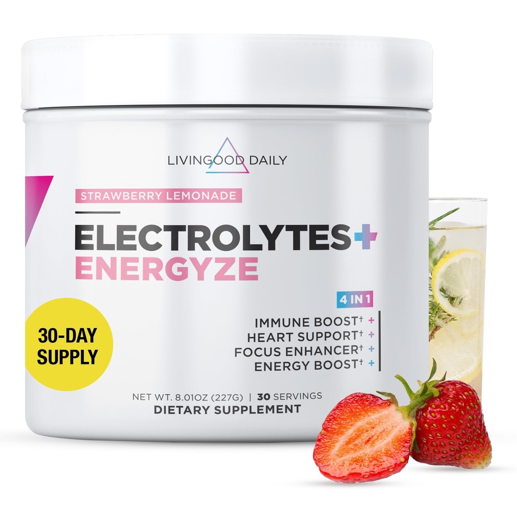 Livingood Daily Electrolytes Pulveris, Elektrolīti Hidrācija Pulveris ar C vitamīnu, Taurīns, D Riboze & FOS, Bezcukura Elektrolītu Dzēriens Mix, Keto, Bez Gluten, Zemeņu Lemonāde, 30 Kalpo