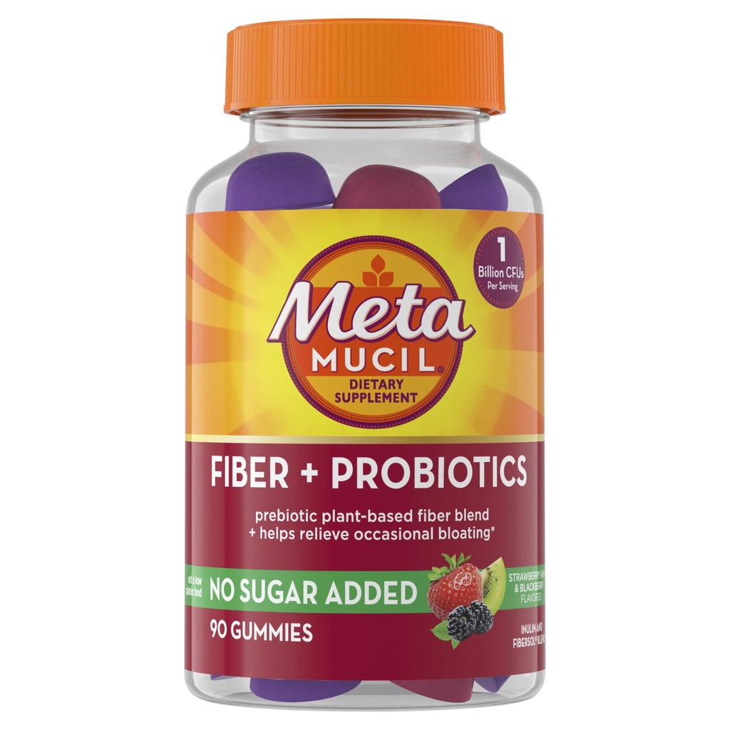 Metamucils Fiber Gummies pieaugušajiem ar probiotikām uzpūšanas atvieglojums, bez cukura Pievienots zemeņu Kiwi BlackBerry Flavors, 5g Prebiotic augu balstīta Fiber papildinājums Blend, 90 grāf