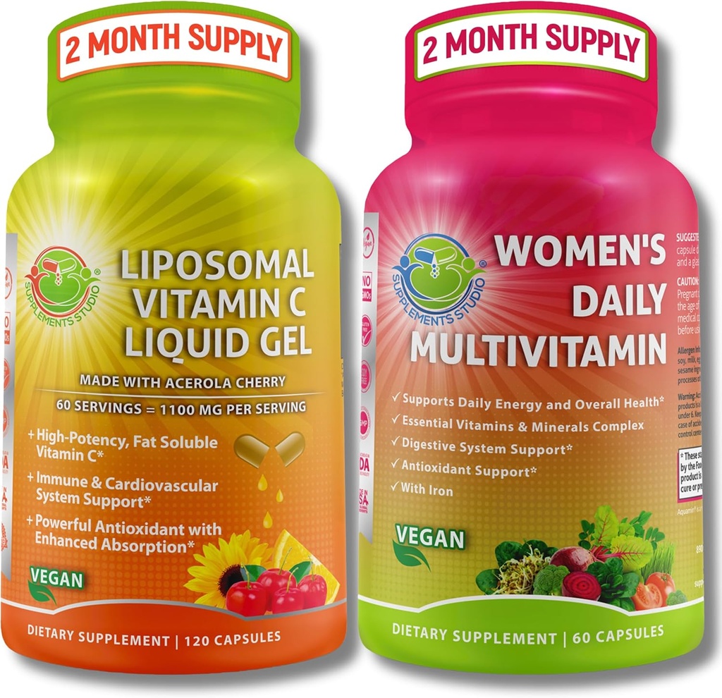 Imūnsupporta bundle – Liposomālais vitamīns C 1100mg Šķidrais gels Kapsulas ar organisko Acerola Cherry un Vegan sieviešu dienas multivitamīnu ar dzelzi – ne-GMO, tīrs ikdienas labsajūta atbalsts