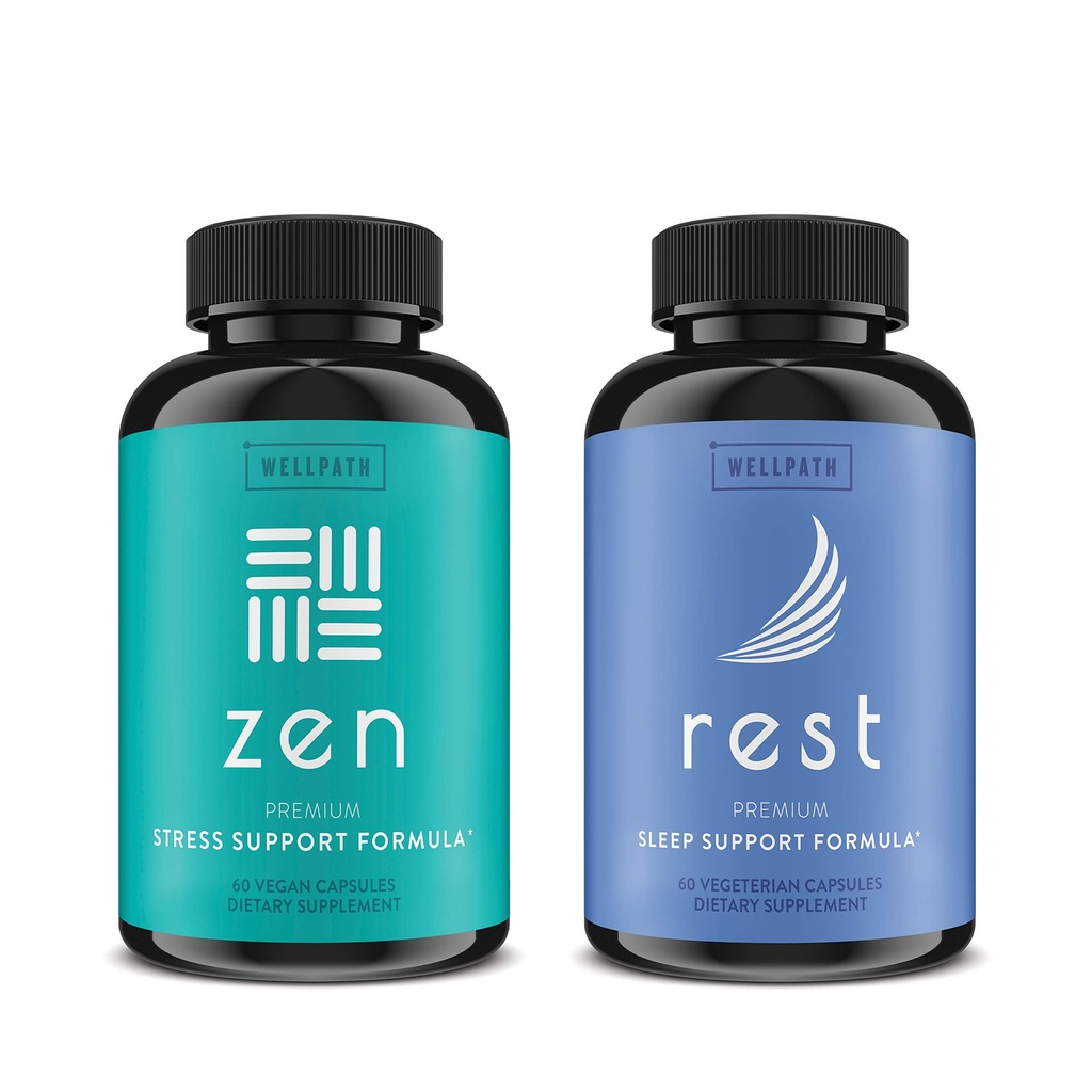 WellPath Zen Mood Support + Rest Valerian Root Miega palīglīdzekļu papildinājumi 2 Pack - Ultimate kombinācija Calm Mood, Enerģijas un dabas Miega Atbalsts - L-Teanīns un citas dabas sastāvdaļas - 60 Cts Katrs