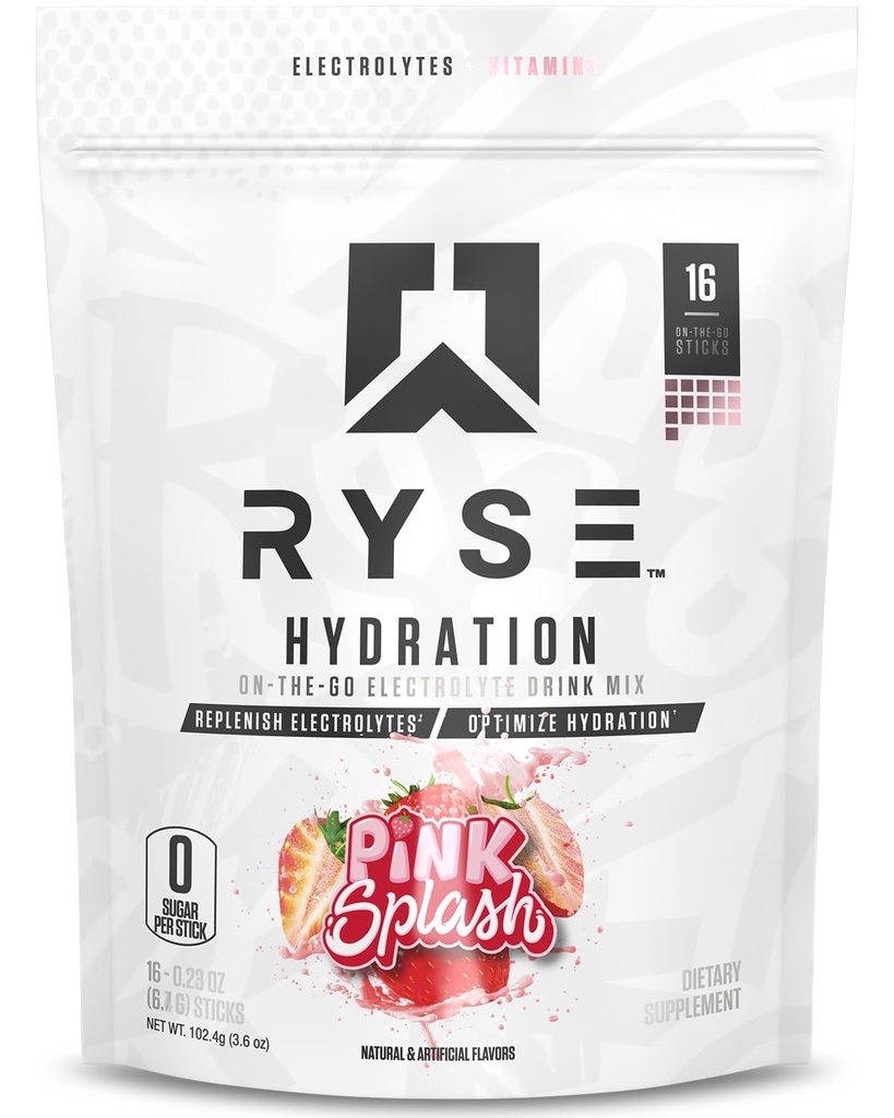 RYSE Hydration Elektrolītu pulveris dzēriens Mix Packets - rozā šļaksts - bez cukura Pilna spektra Elektrolīti ar essential Vitamīni, Taurīns un Holīns rehidrācijai - 16 Kalpošanas stienīši