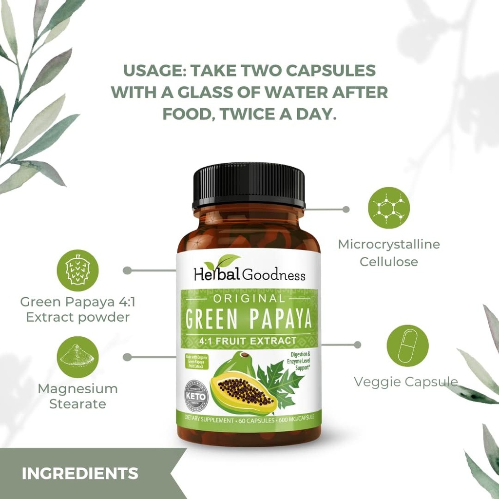 Green Papaya kapsulas 4X stiprums, Organic Papaya Leaf un augļu ekstrakts Trombocītiem, Gremošanas veselība, Fermenti, Probiotikas, Antioksidanti – 600 mg, 60 kapsulas, gadījums 12 – Augu labsajūta