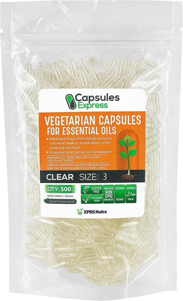 XPRS Nutra Size 3 Tukšas Vegan kapsulas - 500 Skaitīt Clear Veggie Kapsulas esenciālākajām eļļām - Tukšas augu tabletes - DIY Oil Pildījums