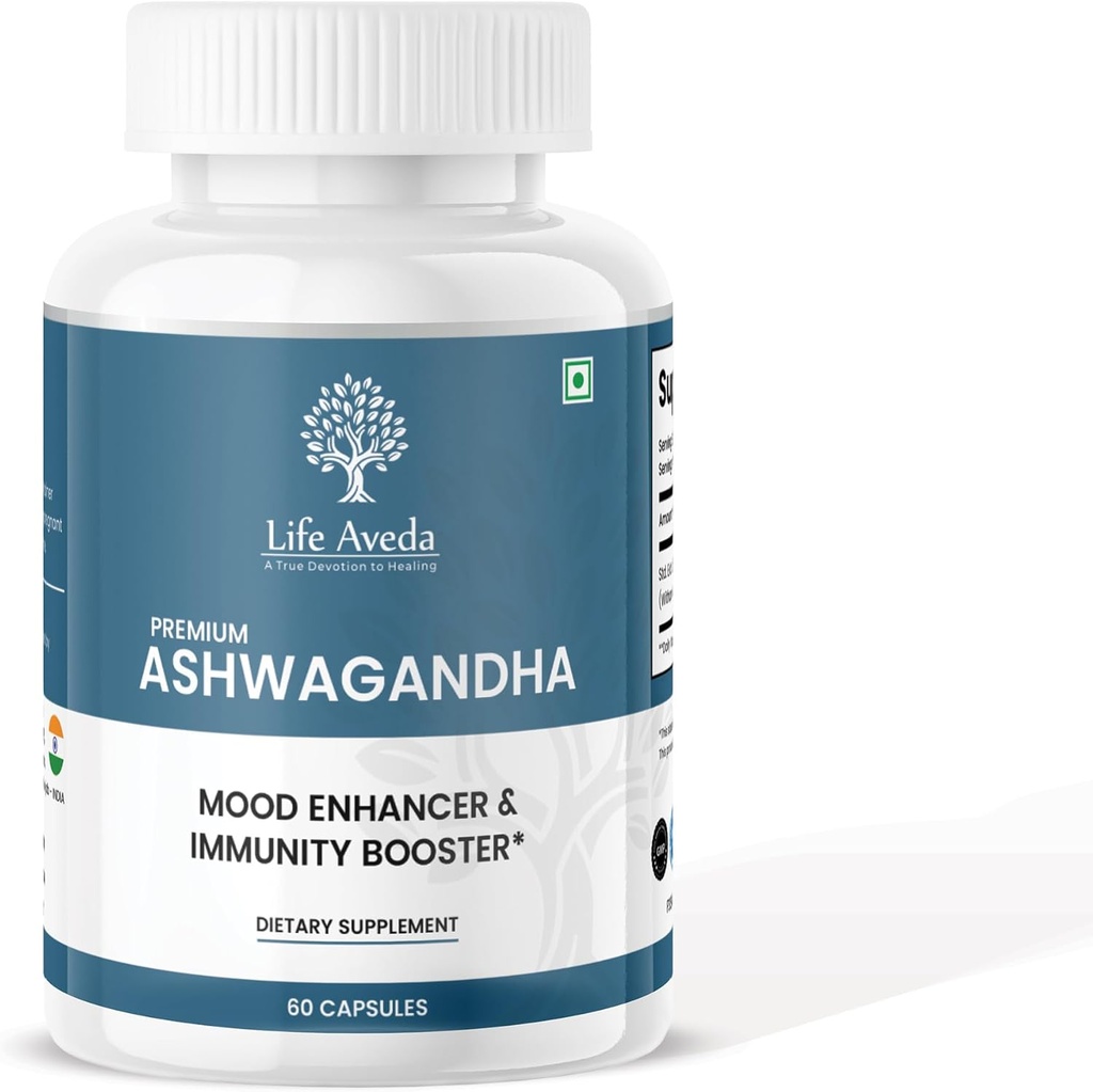 Life Aveda Ashwagandha 500mg, 60 kapsulas – Dabīgs augu papildinājums pieaugušajiem (1-Mēneša piegādes)