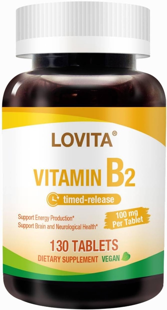B2 vitamīns (riboflavīns) 100 mg, laikietilpīga, 8 stundas ilgstoša, atbalsts Metabolisma un nervu veselība, 130 Vegan tabletes
