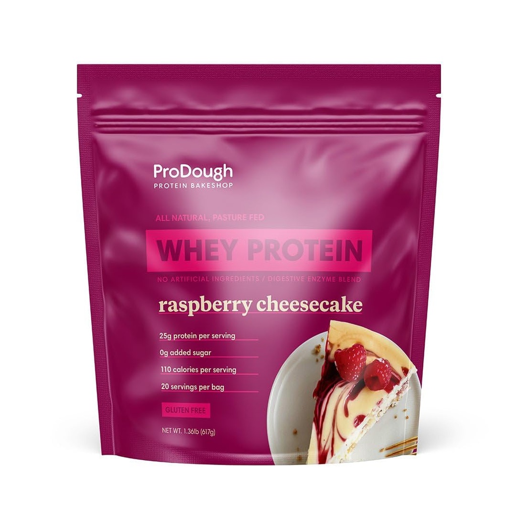 ProDough Gourmet Whey Isolāts Hidrolizēts proteīns Pulveris krata Mix-Easy Digest Ferment Blend, 25g Olbaltumvielas uz apkalpo, Dabas sastāvdaļas, bez lipekļa, Keto Friendly (Rasberry Sierscake)