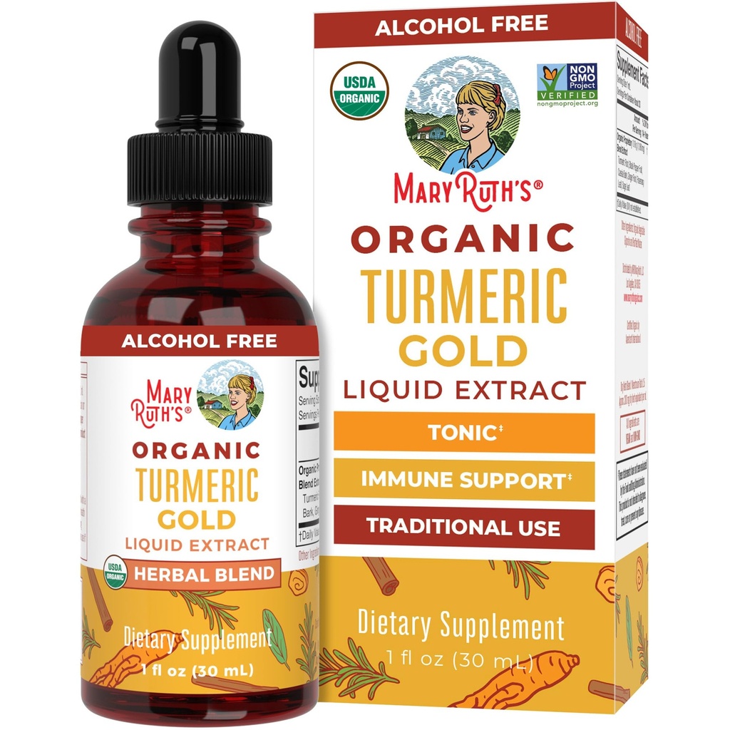 MaryRuth Organics USDA Turmeric Gold Liquid Drops -- Herbal Blend -- Turmeric Curcumin -- Black Pepper --- Cassia Cinnamon Bark -- Ingver Root -- Imūns Atbalsts - Non-GMO Project Verified --- Vegan -- 1oz