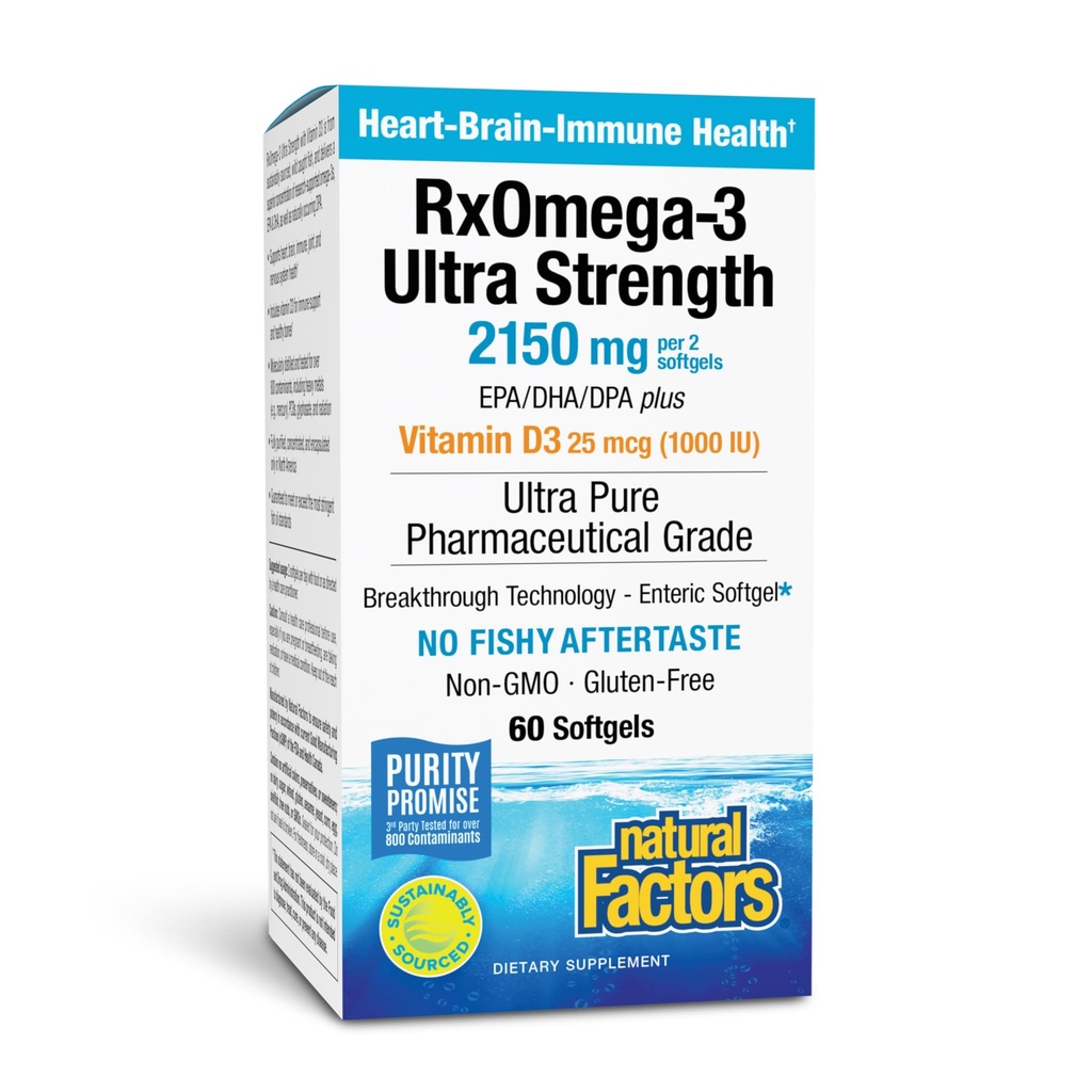 Dabas Faktori RxOmega-3 Ultra Strength - Uztura papildinājums smadzenēm un sirds veselības atbalsts - Acu veselības papildinājums ar EPA & DHA - Papildinājums ar omega 3 taukskābēm - 60 softgels (30 Servē)