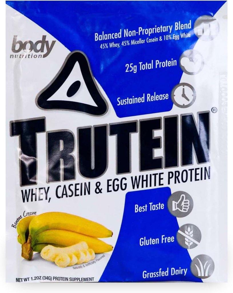 Body Nutrition Trutein High Protein Pulveris: 45% Sūkalas, 45% Kazeīns, 10% Olu balts, bez lipekļa, zems nātrija līmenis, zāles kausētu sūkalu olbaltumvielu pulveris, Gym papildinājums un brokastis Shake, Banana Cream, 34g paraugs