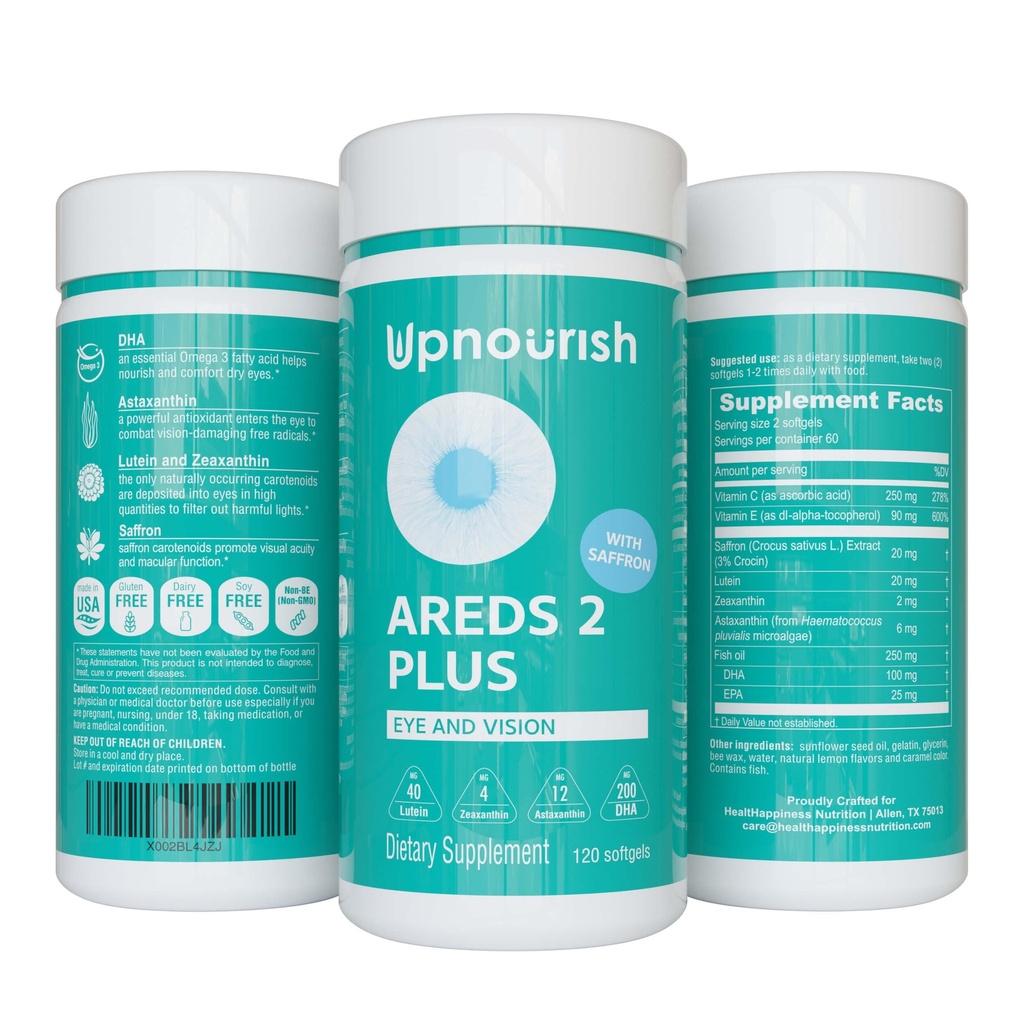 UpNourish AREDs 2 Plus Acu vitamīnu piedevas, AREDs 2 Bez cinka formula ar luteīnu, Zeaksantīnu, Safronu, astaksantīnu un DHA - 120 softgeliem